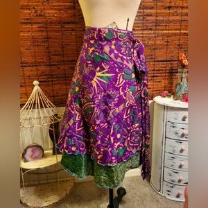 Vibrant Purple and Green Wrap Silk Blend Skirt